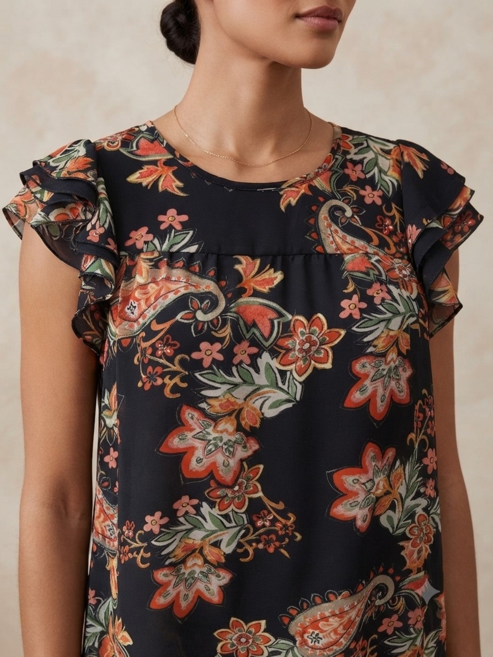 2/$15 Women’s Navy Black Floral Ruffle Sleeve Top